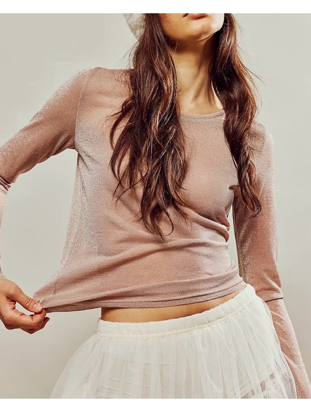 Free People Intimately Mesh So Well Layering Top Sheer Metallic Rose Gold